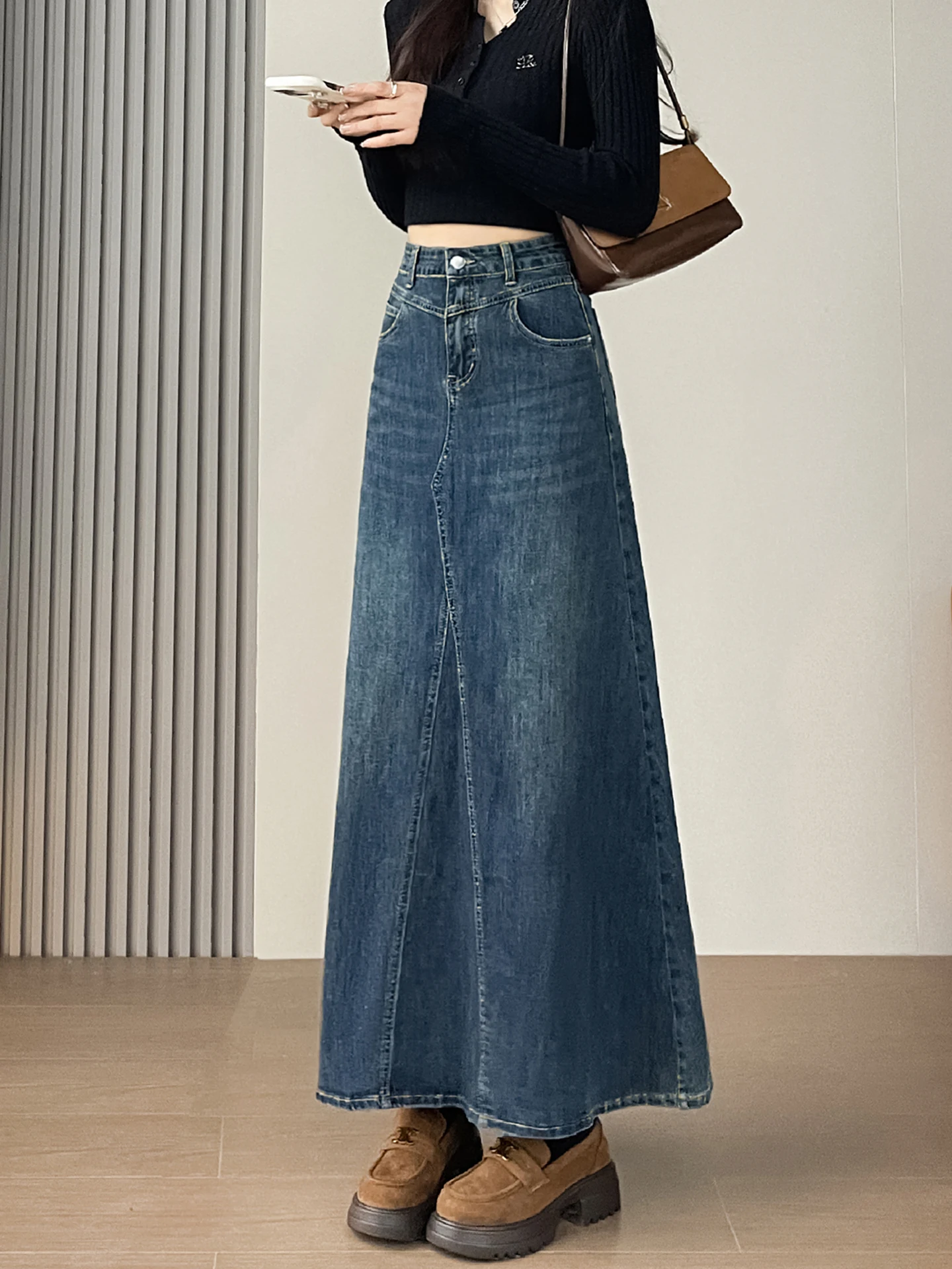 

American Retro Blue Denim Skirt A-Line Midi Skirt Women's Spring Autumn Sle Slimming Fulln Fi Tail Skirt