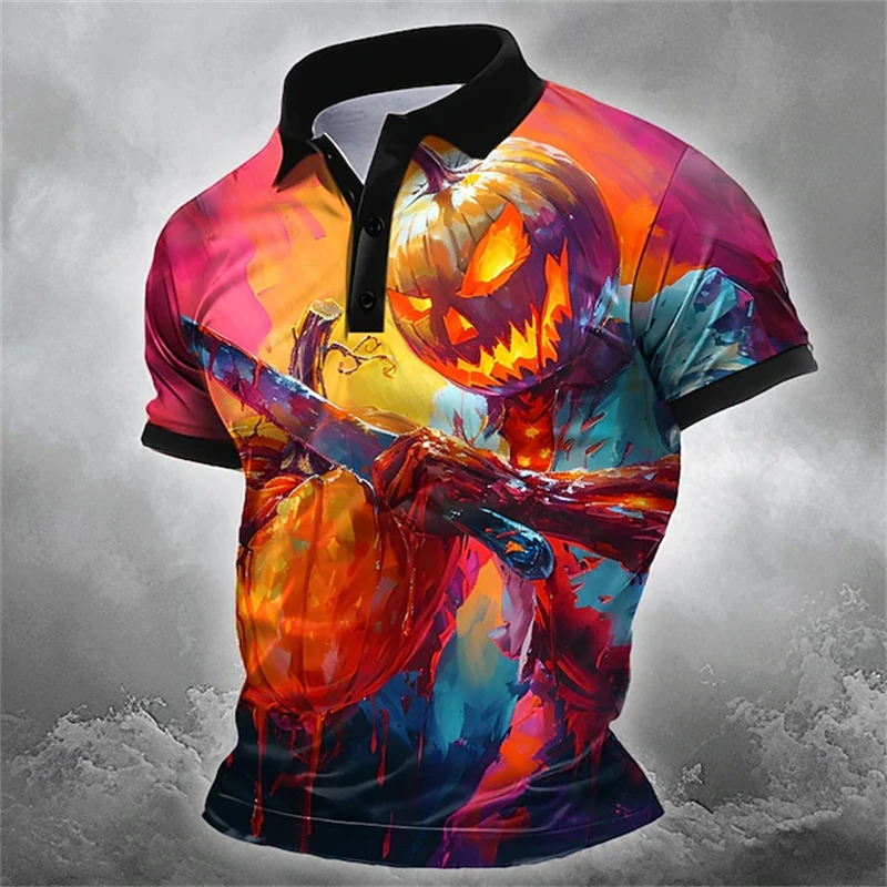 2025 New Men's Halloween T-Shirt Pumpkin Monster 3D Print Short-Sleeve Polo Shirt Halloween Party Mens Casual Short-Sleeve Shirt