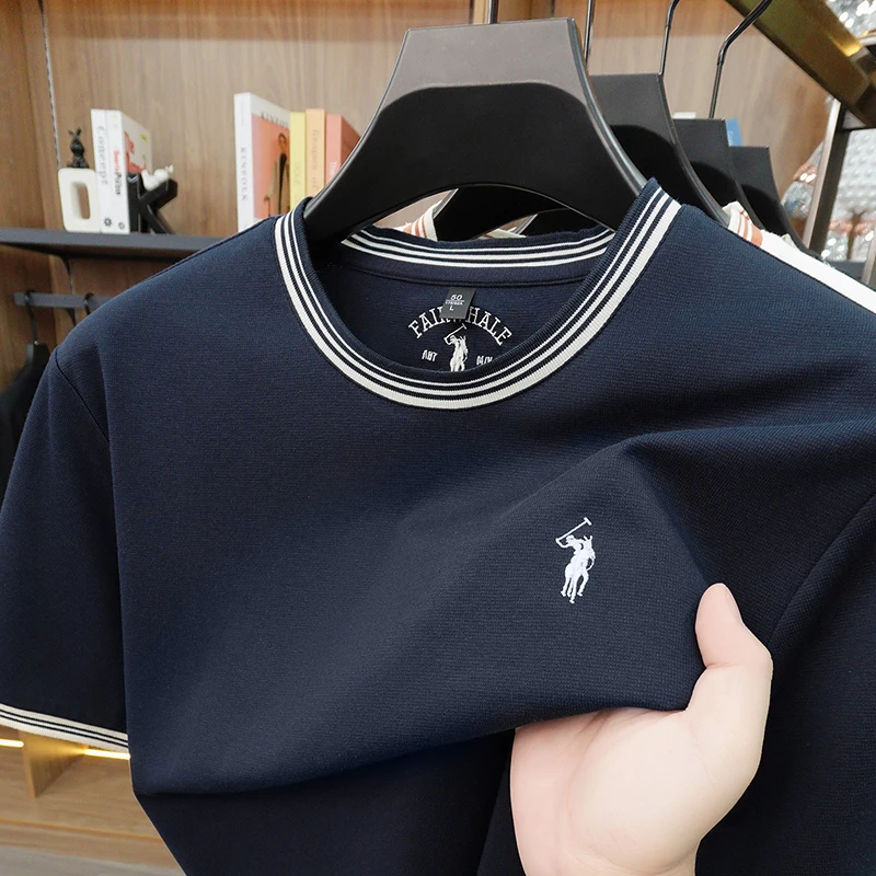 Summer New Cotton Men's Light Luxury Embroidered Versatile Round Neck Loose Short Sleeved Top
