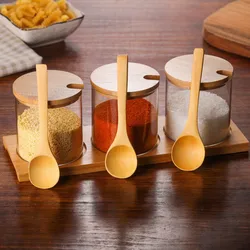 Bamboo Glass Home Kitchen Condiment Container with Lid Quality Material Transparent Spice Jar Salt And Pepper Seasoning Bottle