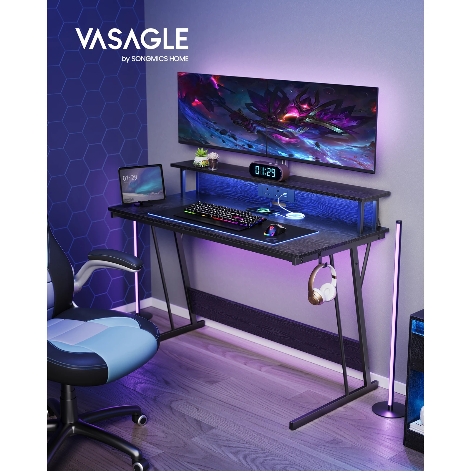 VASAGLE Gaming Desk with LED Lights and Built-In Power Outlets, Computer Desk with Monitor Shelf, Gaming Table