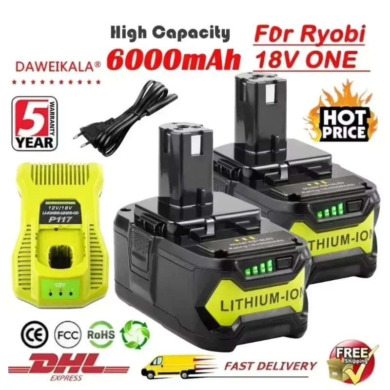 6Ah For RYOBI P108 18V One+ Plus Battery 18 Volt Lithium-Ion Power Tools P104 P107 RB18L50 RB18L20 P108