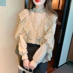 Korean Fashion Spring Autumn Women's Solid Stand Collar Lace Single Breasted Simplicity Versatile Loose Long Sleeve Shirts Tops