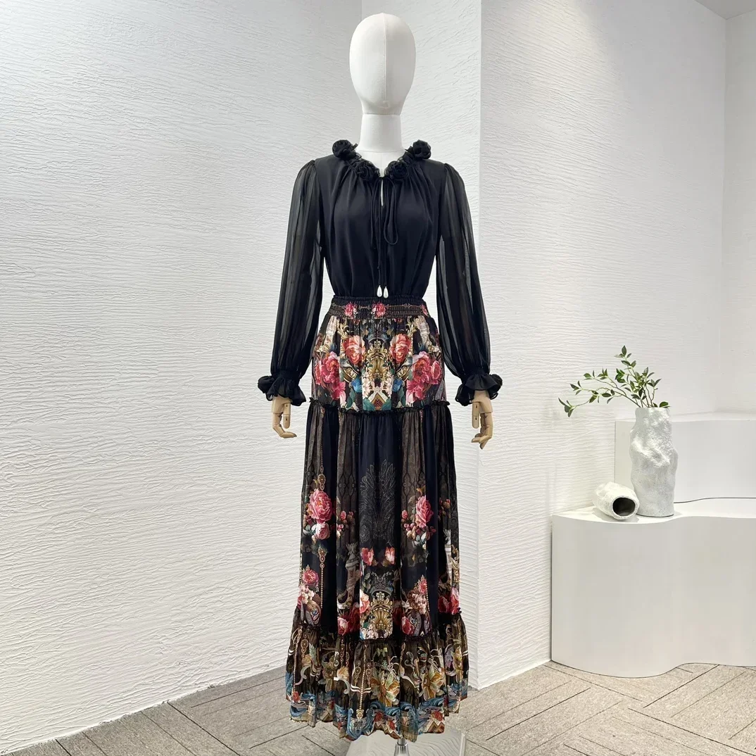 

New Women Black Long Sleeve Rose Patchwork Lace Belt Blouse Peony Flowers Print Ruched Ruffles Loose Midi Skirt Set