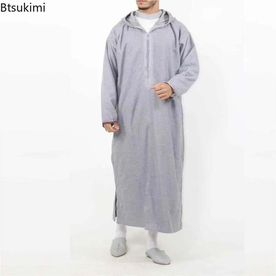 2025 Muslim Men's Casual Jubba Thobe Fashion Abayas Middle East Ethnic Style Hooded Long Robes Pakistani Islamic Clothing Homme