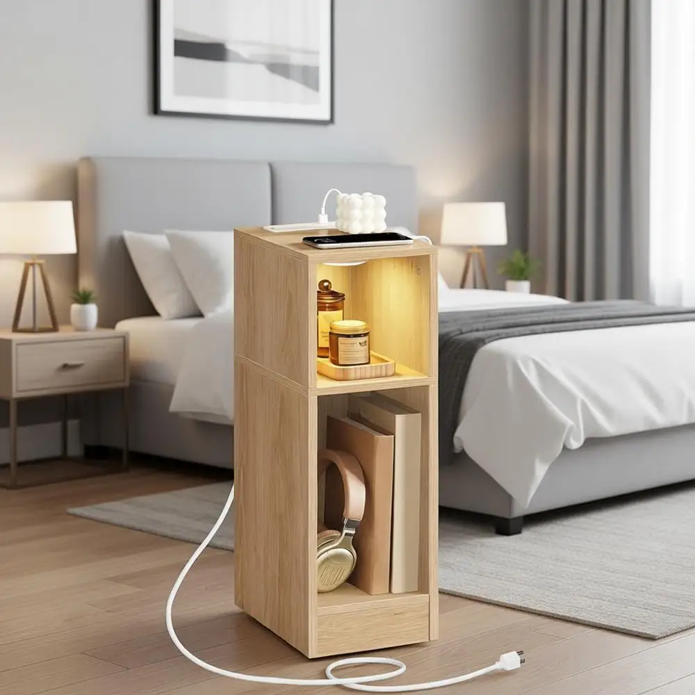 

Compact End Table with Charging Station and LED Light for Small Spaces, Living Room, Bedroom