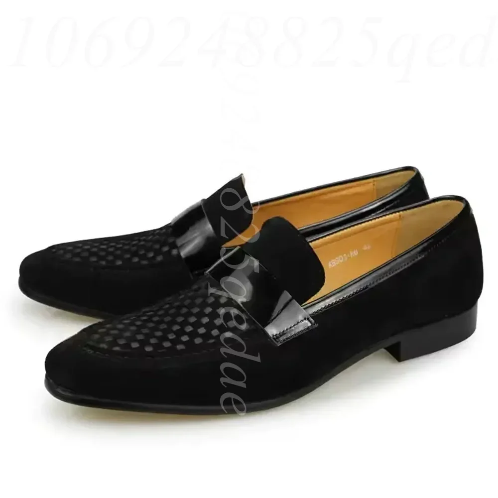 Men's Black Suede Checkered Embossed Pattern Loafers Glossy Patent Leather Strap Slip-On Dress Shoes for Causal & Evening Events
