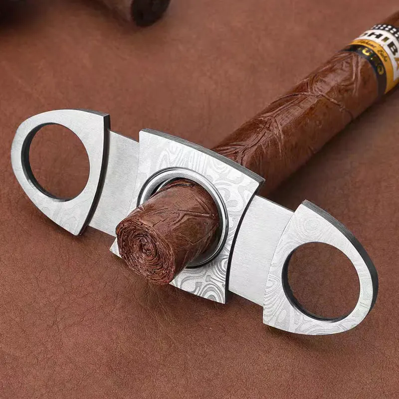 Damascus Pattern Stainless Steel Double-Edged Cigar Cutter - Portable Cutting Knife For Cigarette Holder - Gift For Men