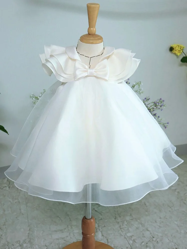 Children's Dress for Girls Baby Birthday Little Kids White Puffy Tulle Dress White Flower Girl European and American Princess Dr