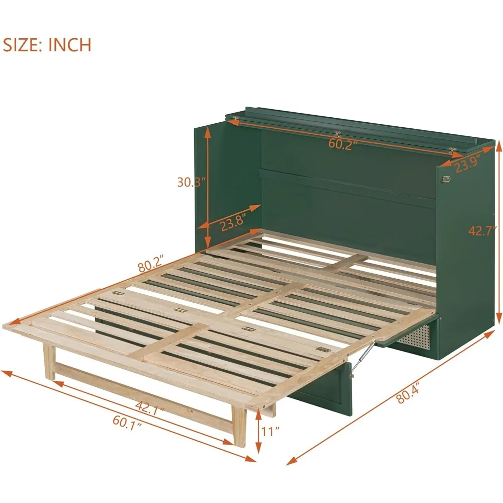 Queen Size Murphy Bed, Murphy Cabinet Bed with Large Drawer, Can Be Foldable, Space Saving, Wooden Low Bedframe for Bedroom