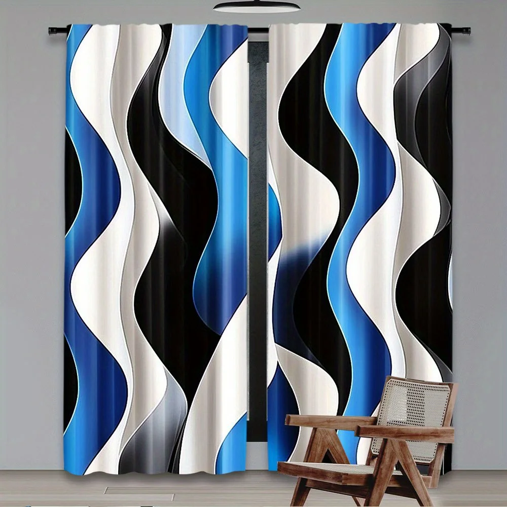 Abstract Wave Blue Black White Curtains Modern Window Drapes Living Room Bedroom Curtain Panels Decorative Light Filtering Home