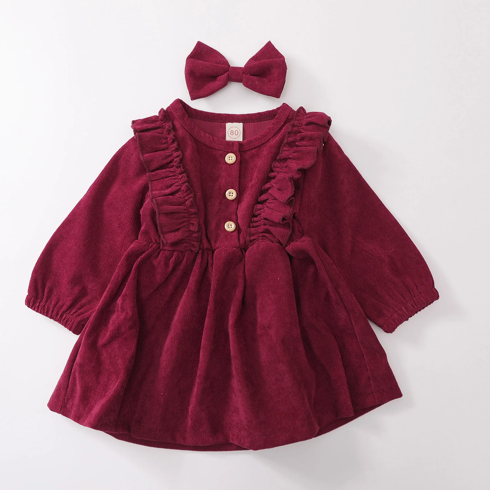 Baby Girl Dress High-Waist Midi Long Sleeve Round Collar Ruffle Buttons Princess Pleated Fall Skirt Headband