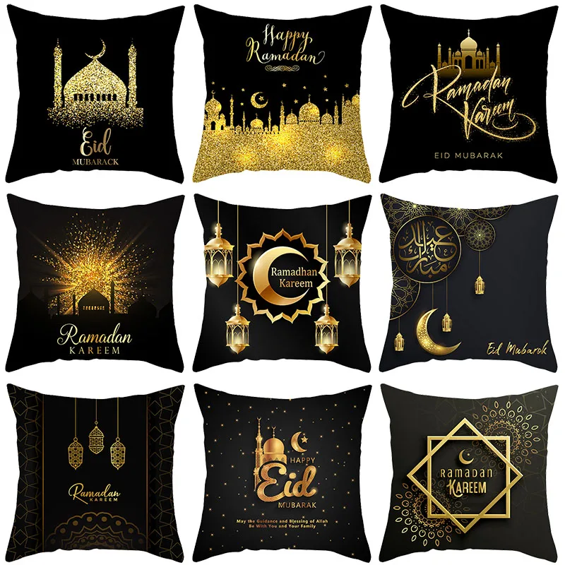 

EID Mubarak Cushion Cover Black Moon Mosque Sofa Pillowcase Ramadan Kareem Pillow Cover Gifts Muslim Islamic Home Party Decor