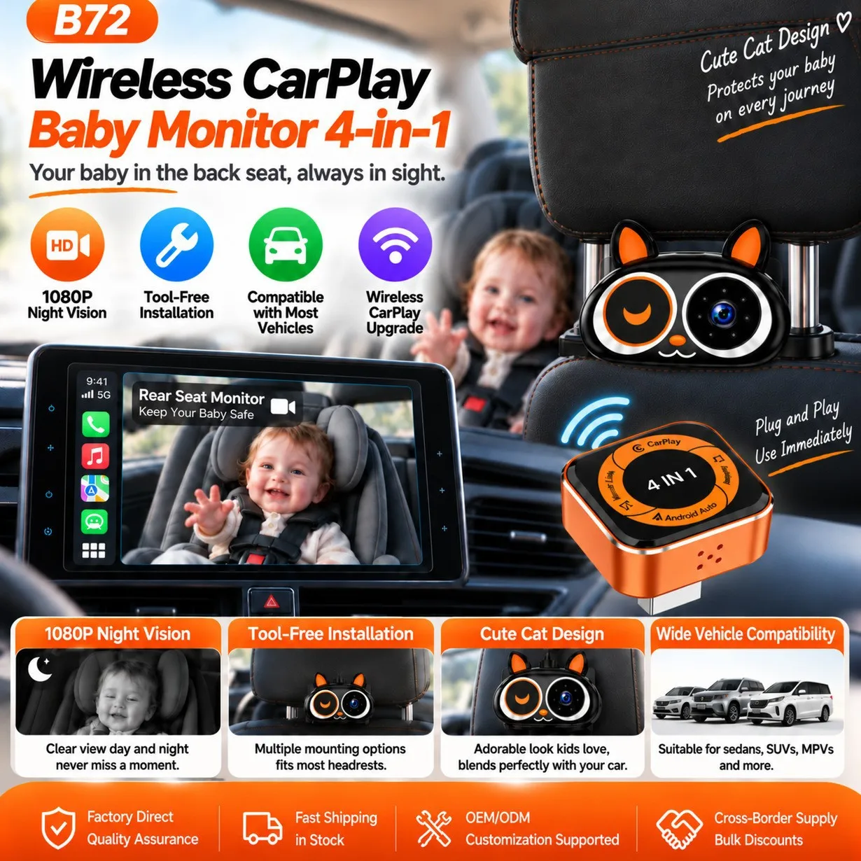 4in1 Wireless CarPlay Adapter Baby Car Camera 1080P HD 150° Wide Angle Night Vision Plug & Play Backseat Monitoring for Infant