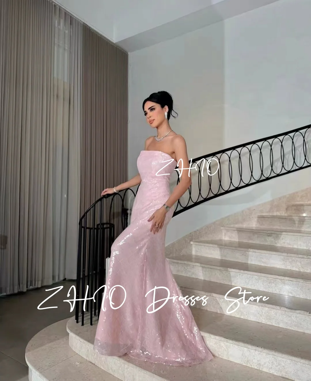 ZHIO-vestidos de noche de lentejuelas rosas exquisitos, sin tirantes, corte en A, tren de barrido, Arabia Saudí, vestido Formal para ocasión, vestido de fiesta personalizado
