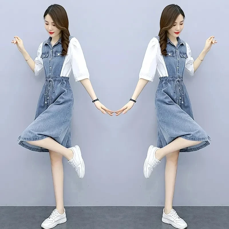 Summer New Fashion Korean Slim Splice Denim Dress Women Half-sleeve Waist Office Casual Wash Jeans Dress Ladies Dresses Vestidos