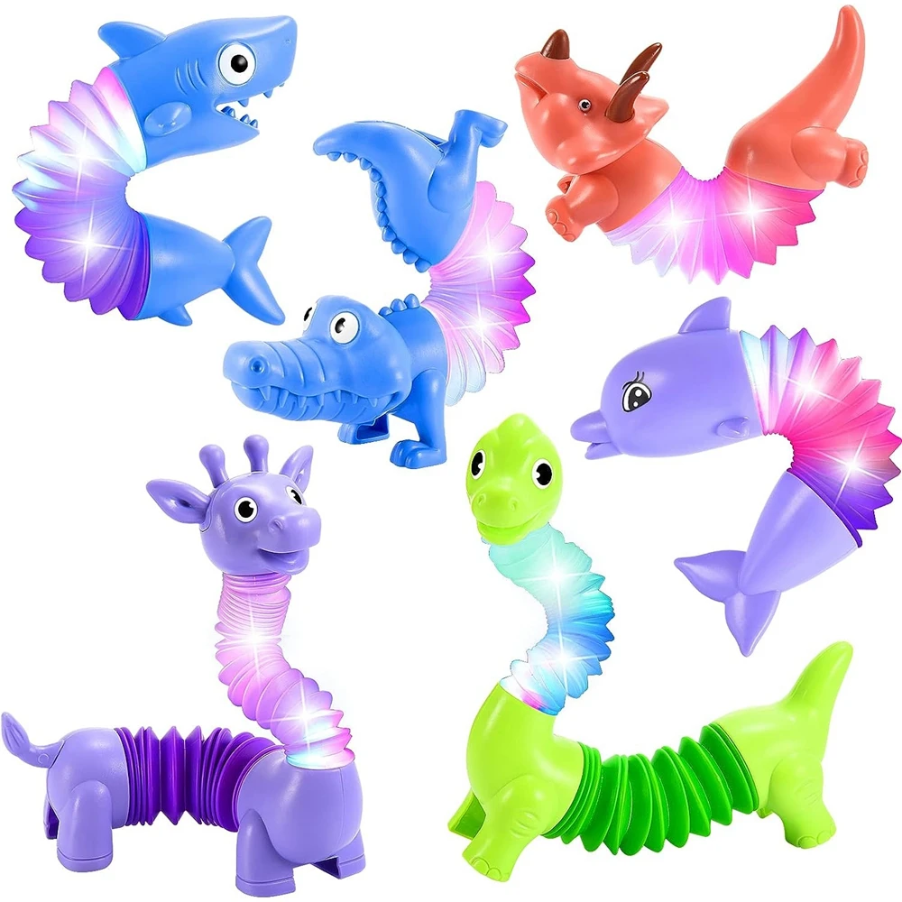 

6PCS Animals Fidget Toys LED Pop Tubes Autism Anxiety Stress Relief Sensory Toy Light Up Party Favors for Girls Boys Gifts