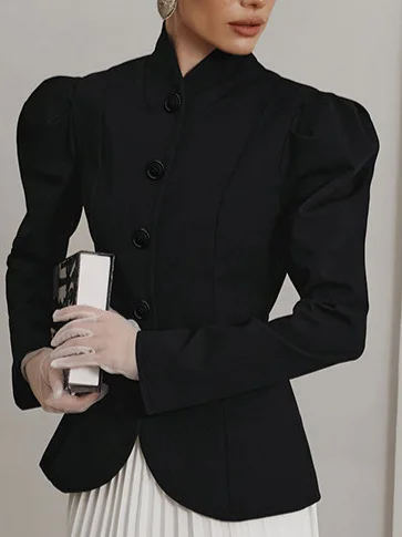 

Elegant Black Stand Collar Women's Suit Jacket Autumn Winter Fashion Stylish Outerwear Polyester Fiber Long Sleeve Bubble Sleeve