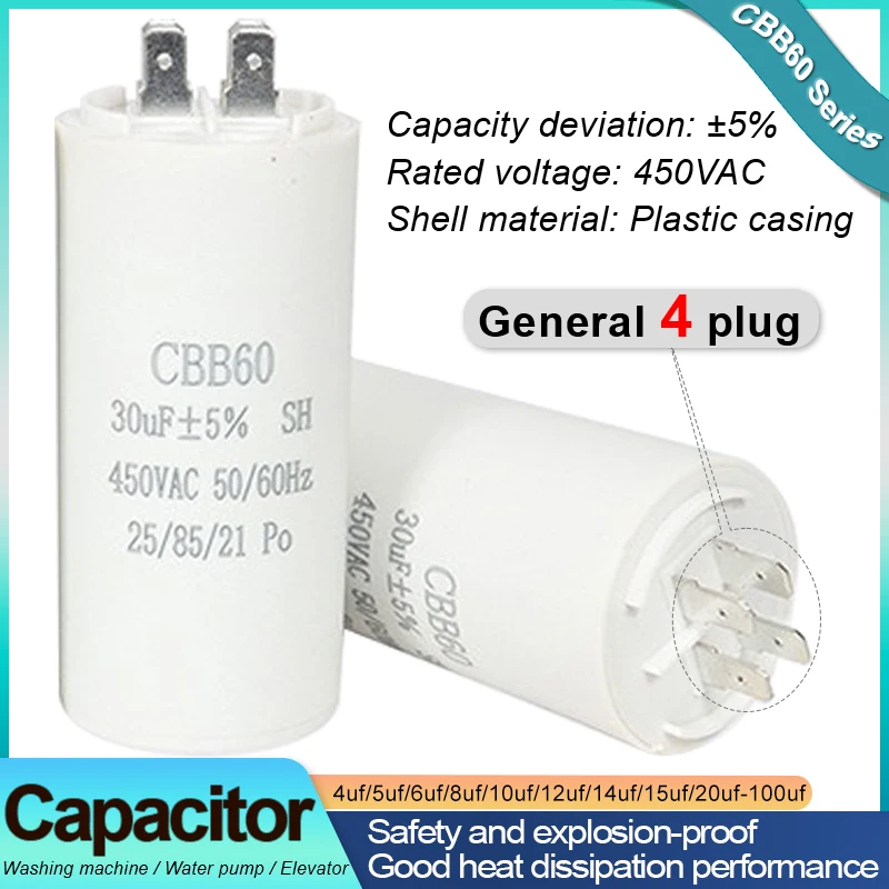 

CBB60 4 Plug Starting Capacitor:4uf,5uf,6uf,8uf,10uf,12uf,14uf,15uf,20uf,25uf,30uf,35uf,40uf,45uf,50uf,60uf 450VAC Capacitor