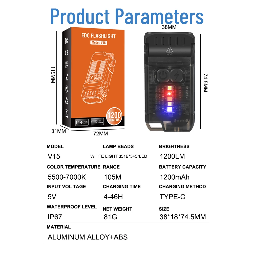 Asafee EDC LED 1200LM 105M Range Mini Flashlight IP67 Waterproof Lamp Rechargeable Tiki 80° Rotation Torch 81g Keychain
