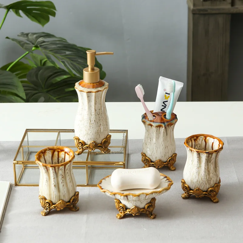 European Ceramics Five Piece Set Washing Tools Home Soap Dispenser Toothbrush Holder Tooth Mug Dish Bathroom Toiletry