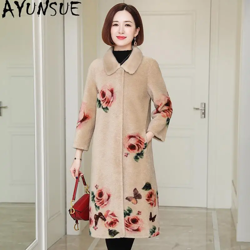

AYUNSUE пальто из 100% шерсти, женская одежда, зимняя куртка 2025 года, длинные стильные дубленки из овечьей овчины для женщин, 2025 год, теплый воротник из норки