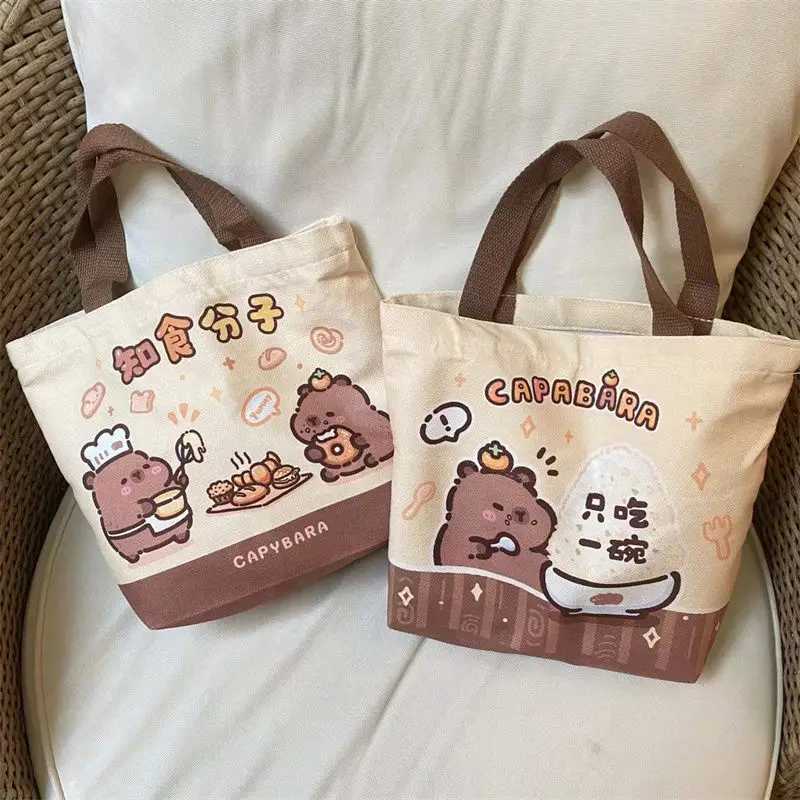 

MINISO New Kawaii Anime Kapibala Printed Canvas Bag Handbag Cute Cartoon Convenient Storage Handbag Work Commuting Zipper Bag