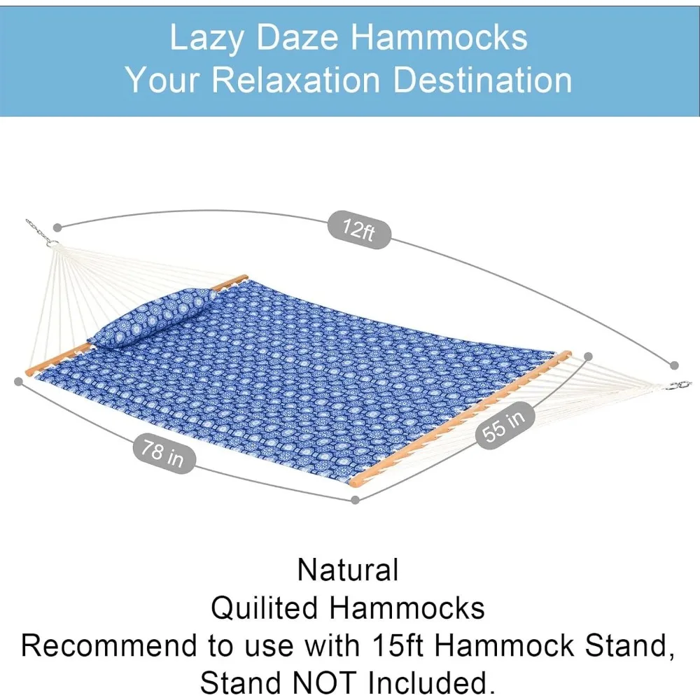 Lazy Daze hamaca de tela acolchada doble de 12 pies con barras esparcidoras y almohada desmontable, hamaca para 2 personas para Patio al aire libre