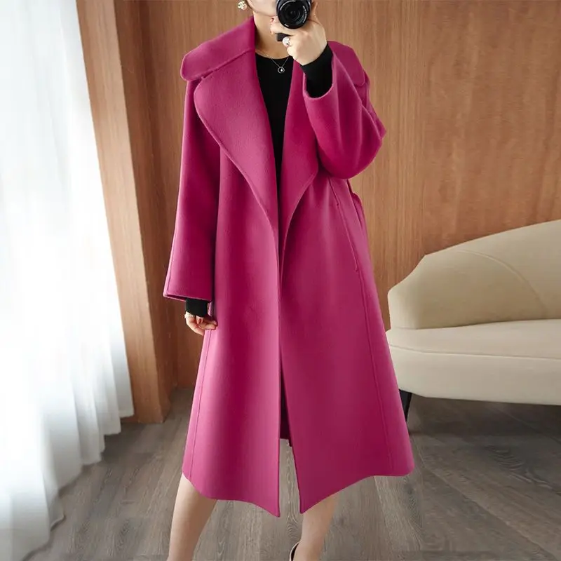 

Hepburn Style Woolen Coat Women Reversible Cashmere Outwear Long Below The Knee Female Korean Style Loose Leisure Wool Overcoat