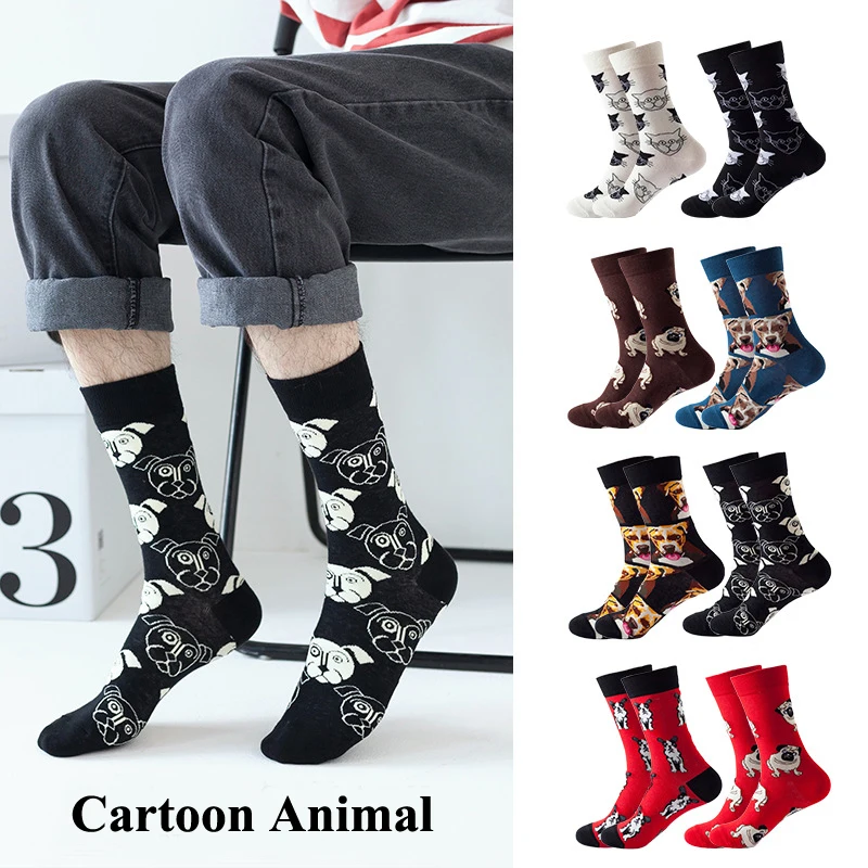 Funny Cartoon Animal Men Socks Middle Tube Cotton Colorful Dog Cat Patterns Crew Socks Soft Red Black White Color Socks