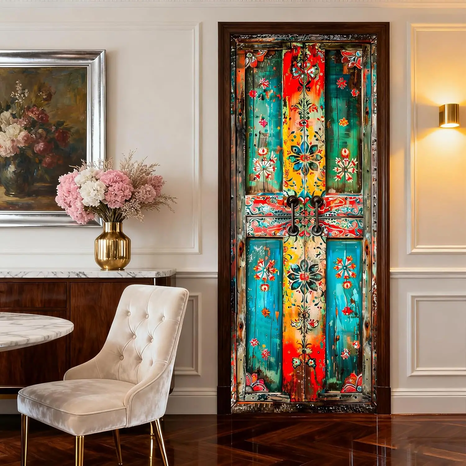 Vintage Boho Floral Door Sticker Retro Wood Grain Wall Decal Colorful Ethnic Art Self-Adhesive Removable Mural Home Decor