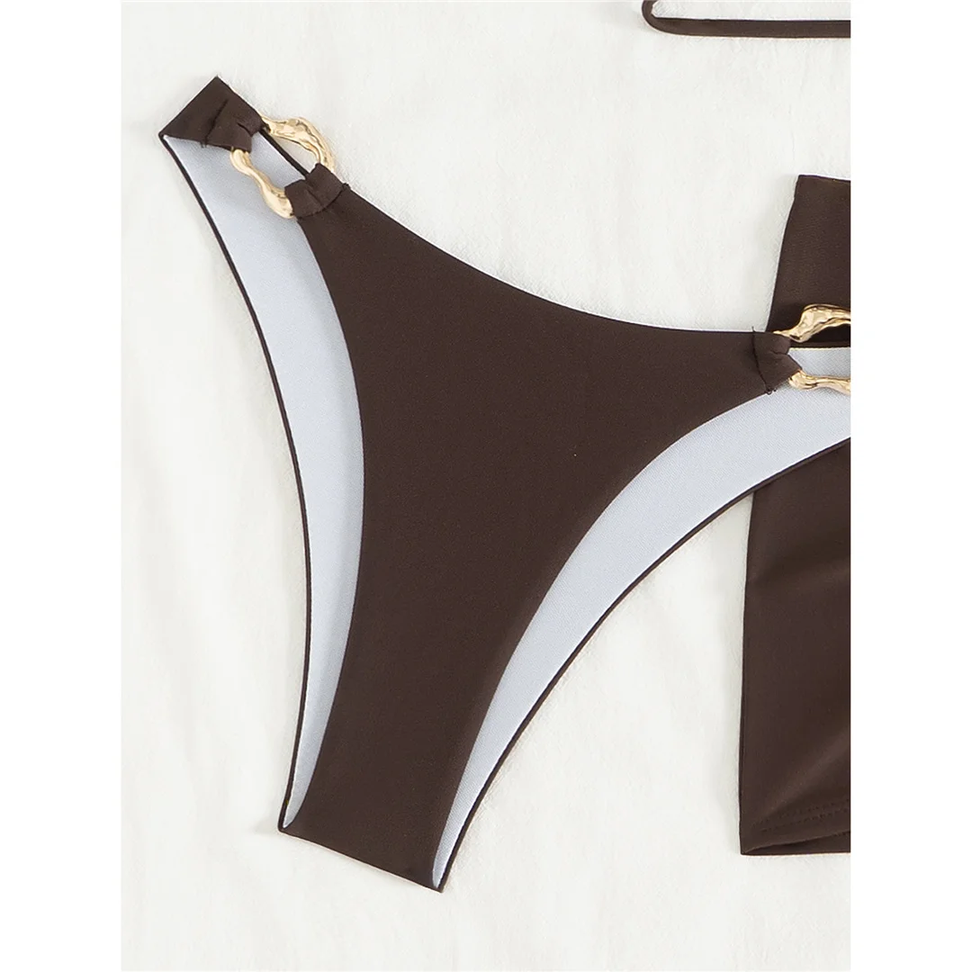 Neuer Bandeau-Bikini mit Rock, Damen-Badeanzug, dreiteiliges Bikini-Set, Badeanzug mit hohem Beinausschnitt, Badebekleidung, Modell V6264. – Detail 14