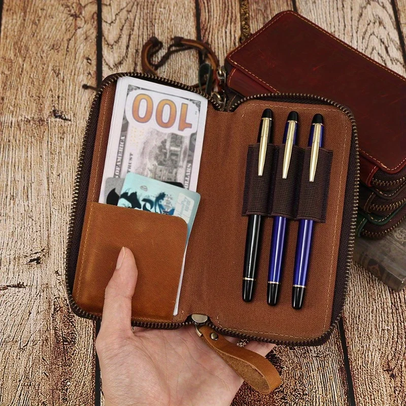 1pc Retro Pencil Case Crazy Horse Pen Case Zipper Pen Pencil  Bag Multifunctional Card Bag Stationery Box