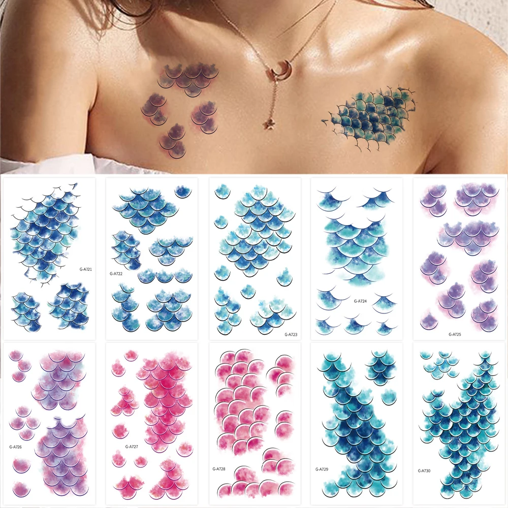 10PCS Waterproof Fish Scale Tattoo Sticker Realistic Mermaid Performance Fake Tattoo for Women Temporary Tattoos Body Art