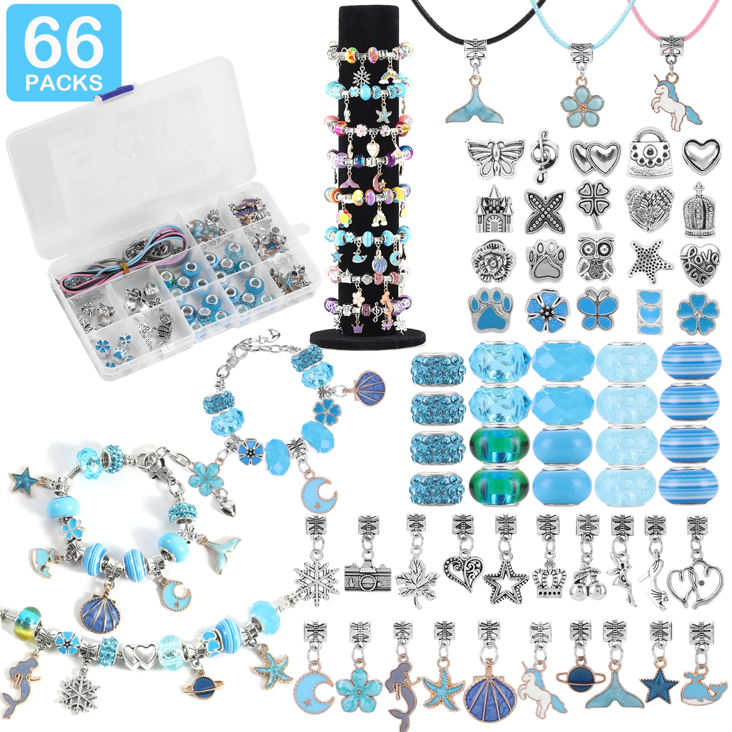 

66 Pcs Blue Beaded Bracelets Necklaces DIY Jewelry Making Kit for Girls with Beads, Pendants, Snake Chain, Cords, Teena Craft