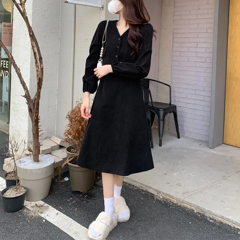 French Style V-Neck Midi Dress Corduroy Female Clothing Gentle Fashion Button Spring Autumn Basic Elegant A-Line Waist Dresses