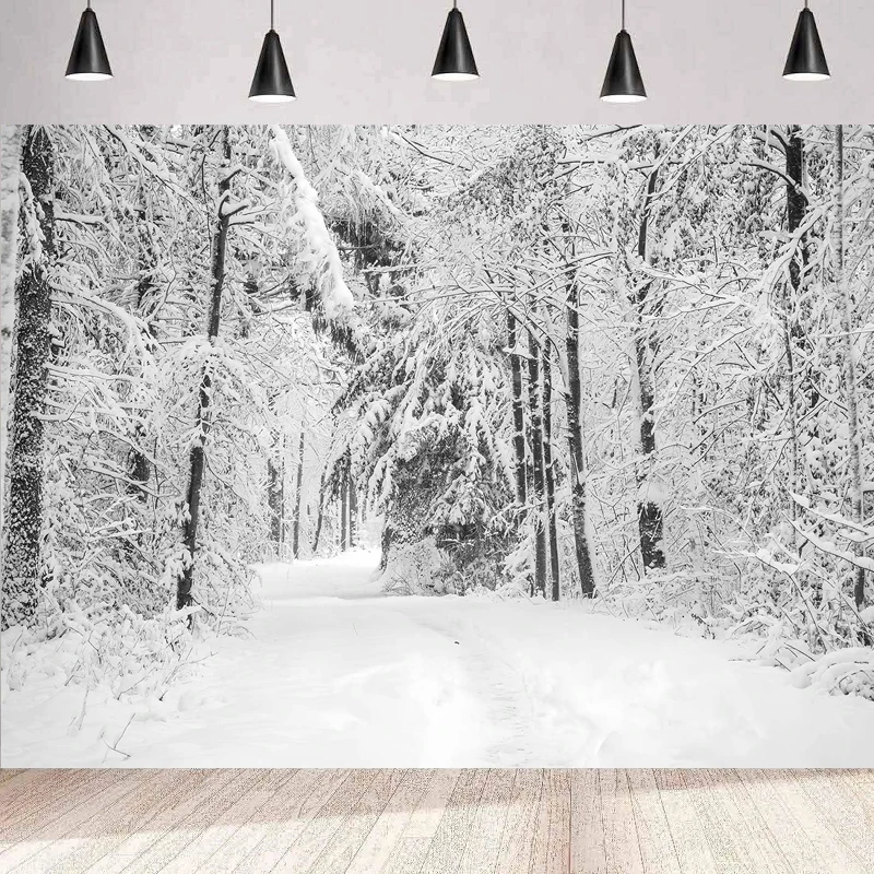 Winter Forest Photography Backdrop Christmas Snowy Trees White Snowflake Background Wall Nature Scenery Landscape Poster Banner