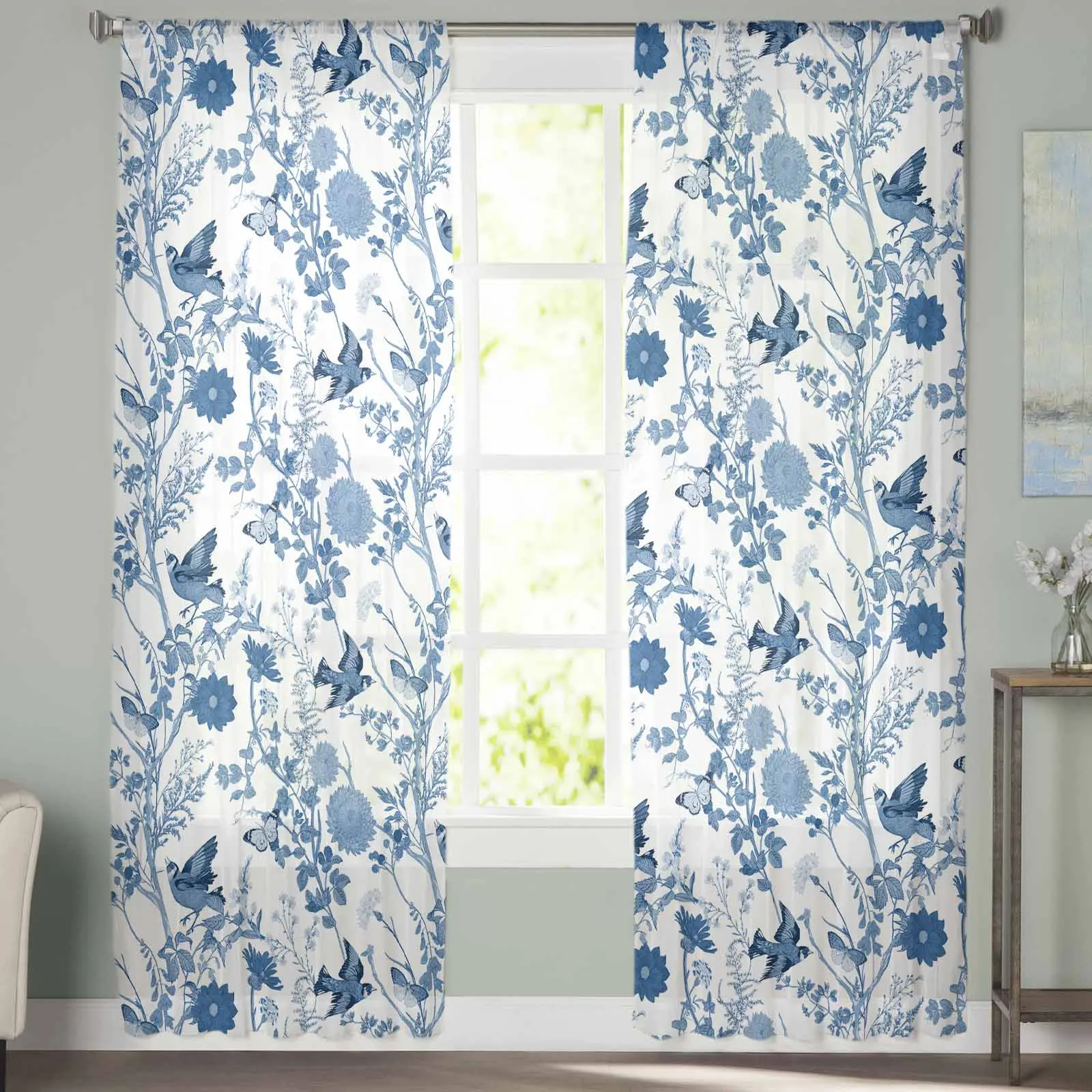 Vintage Flower Bird Blue  The Sea Sheer Curtains for Living Room Bedroom Home Hotel Coffee Decor Chiffon Tulle Curtains