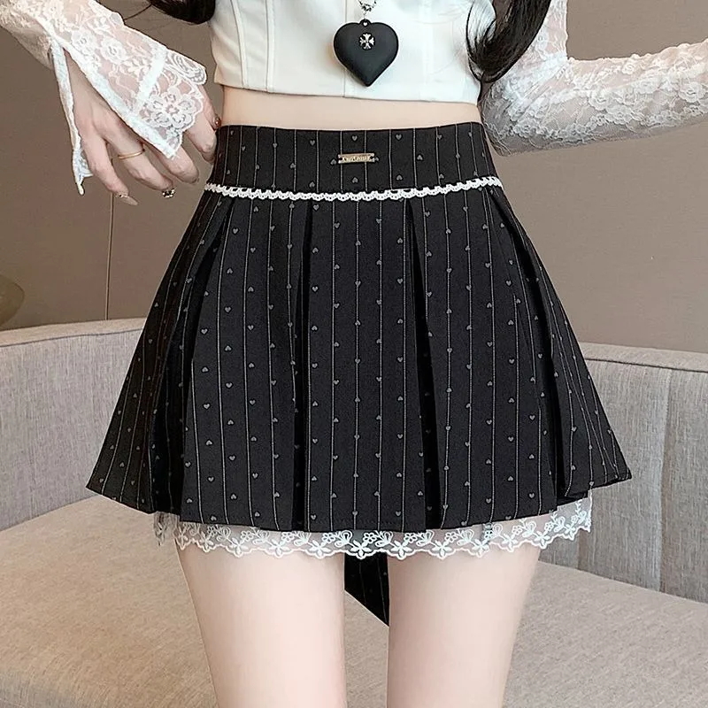 Women's High Waist Pleated Mini Skirt With Heart Print Lace Trim A Line Casual Short Skirt