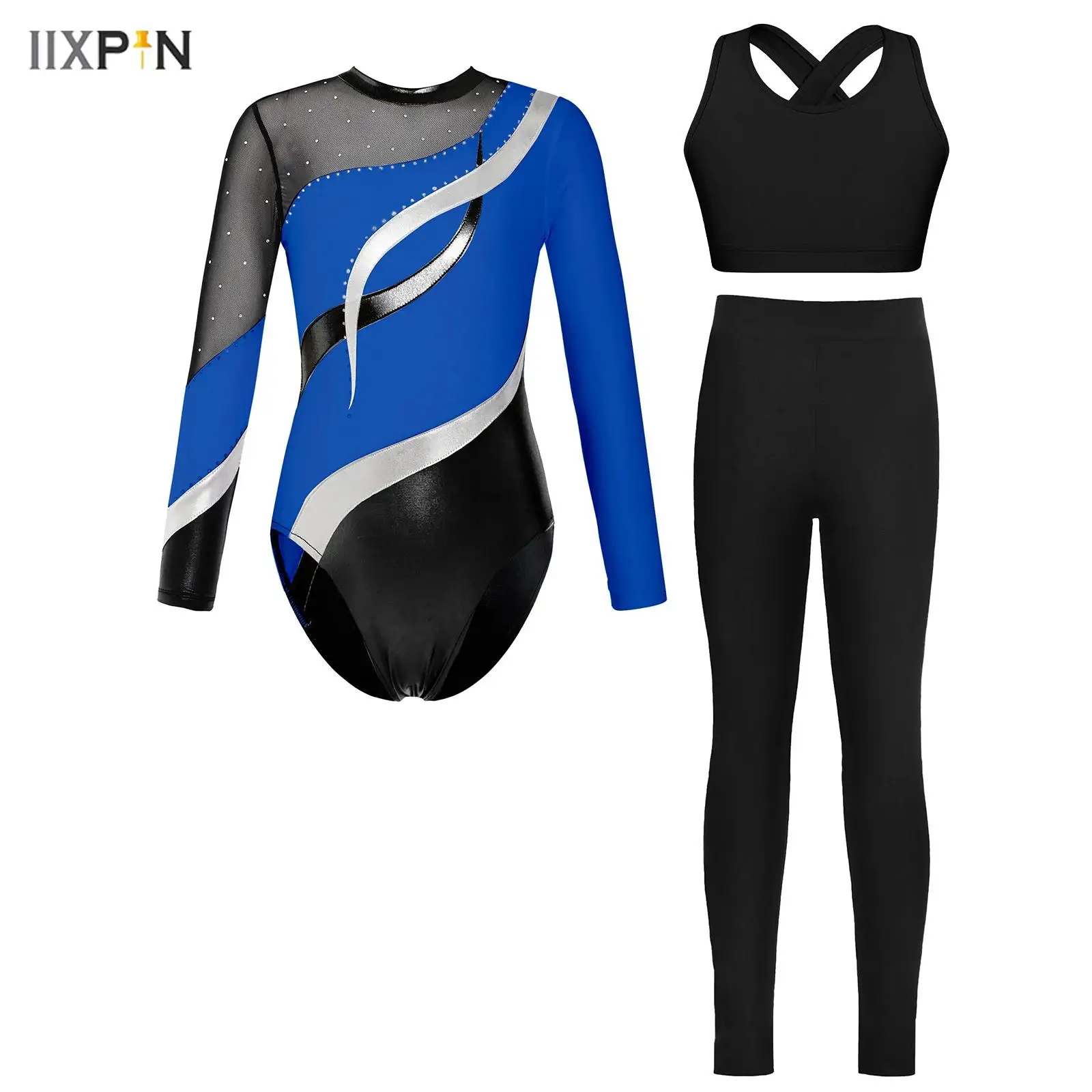 

Kids Girls Gymnastics Figure Skating Dance Outfit Long Sleeve Keyhole Back Mesh Patchwork Shiny Rhinestone Leotard+Vest+Leggings
