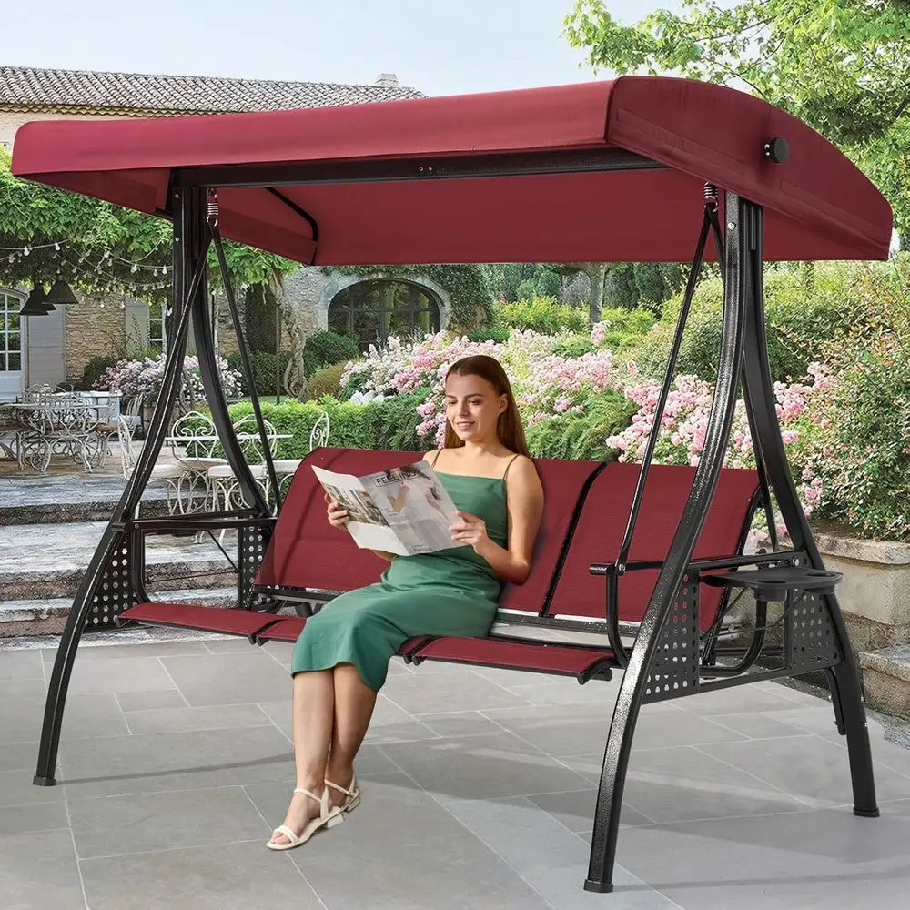 

3 Seat Patio Swing, Outdoor Swing with Textilene Backrest & 2 Cup Holders,Adjustable or Backyard, Porch, Garden,Square Tube A (R