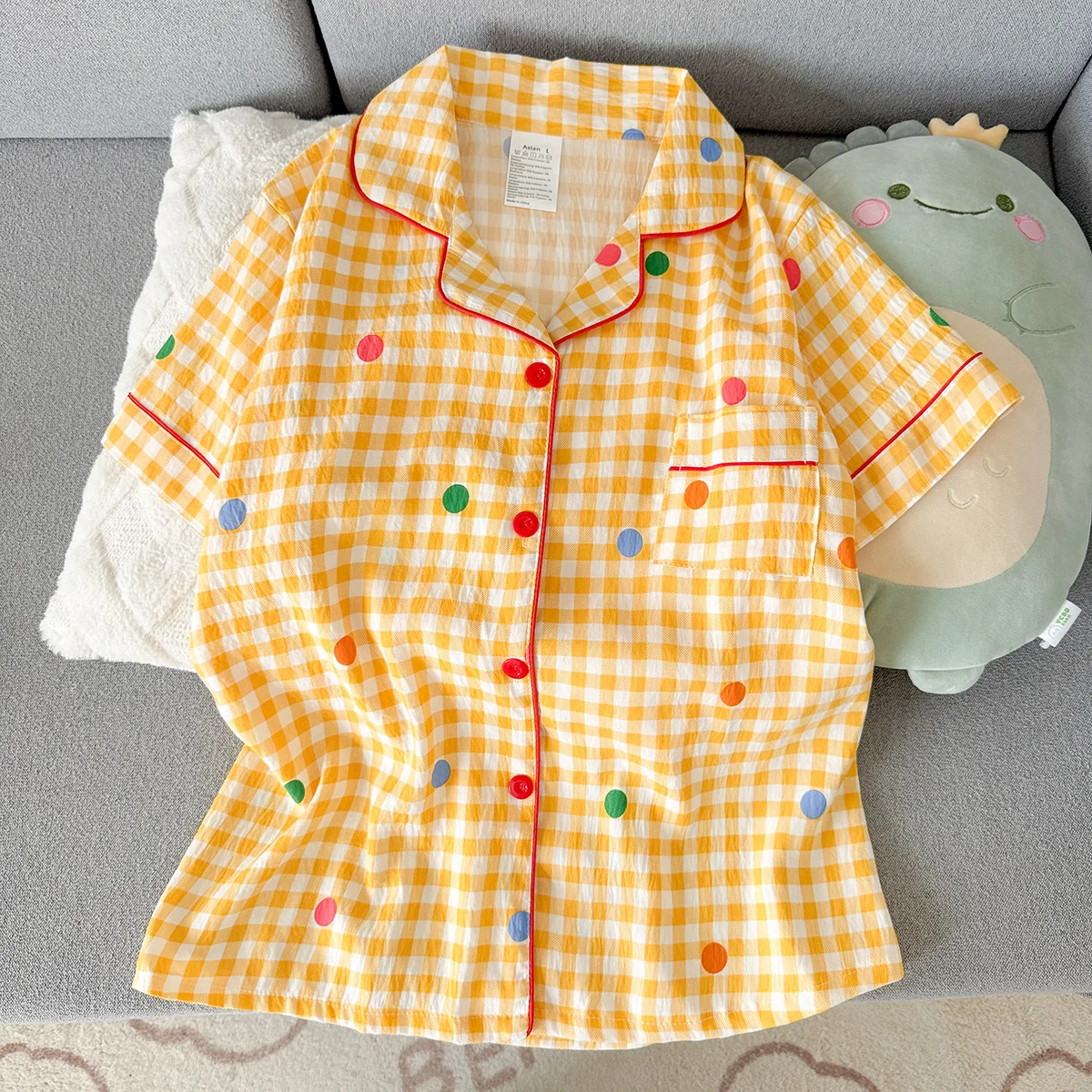 Women's Summer Pajamas, Thin Plaid Polka Dot Pattern Short-Sleeved Shorts, Sweet and Cute, Can Be Worn Outside in Summer, Two-Piece Home Wear Set image 3
