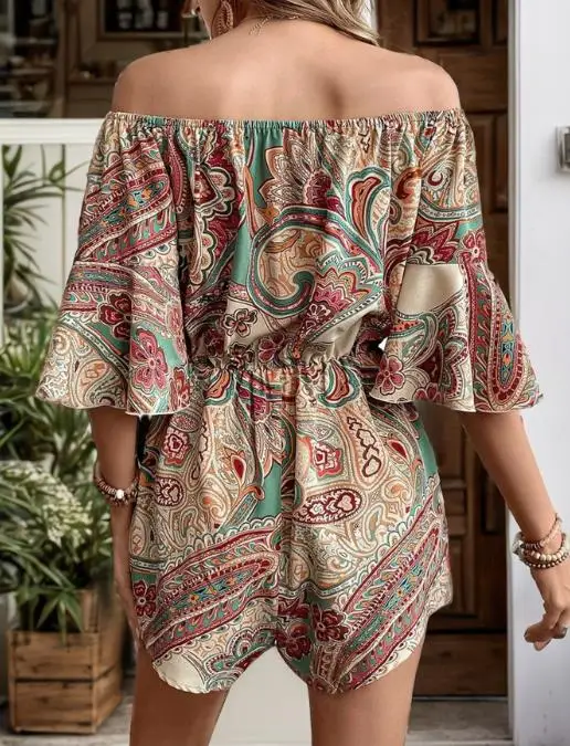 

2025 Holiday Print Jumpsuit Summer One Neck Seaside Off Shoulder Jumpsuit Women Elegant Vacation Style Slim Fit Lace Up Jumpsuit