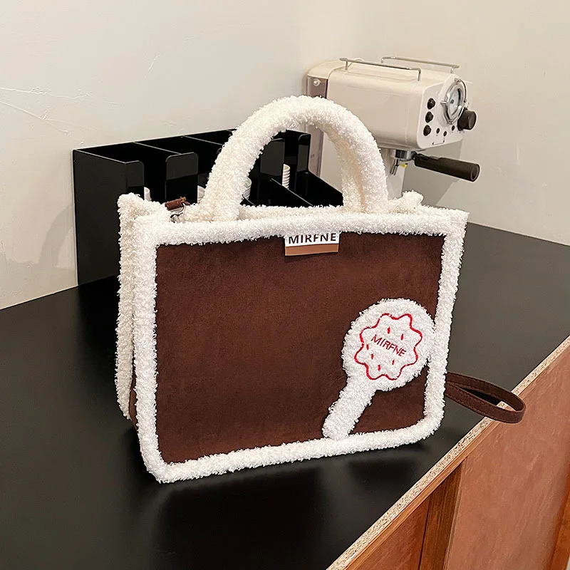 

2025 Fall Winter Sherpa Bucket Bag Fashion Faux Fur Shoulder Tote Vintage Embroidered Crossbody Purse Spacious Cozy Handbag