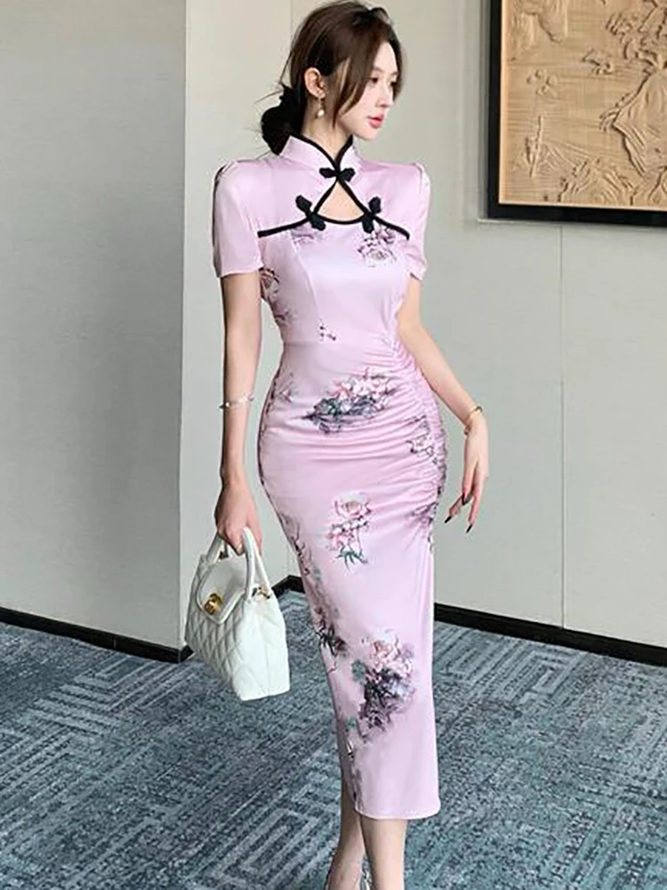 夏ピンクの花サテン高級ロングドレス女性半袖中空アウトスタンドカラードレス 2025 韓国ファッション高級 Vestidos