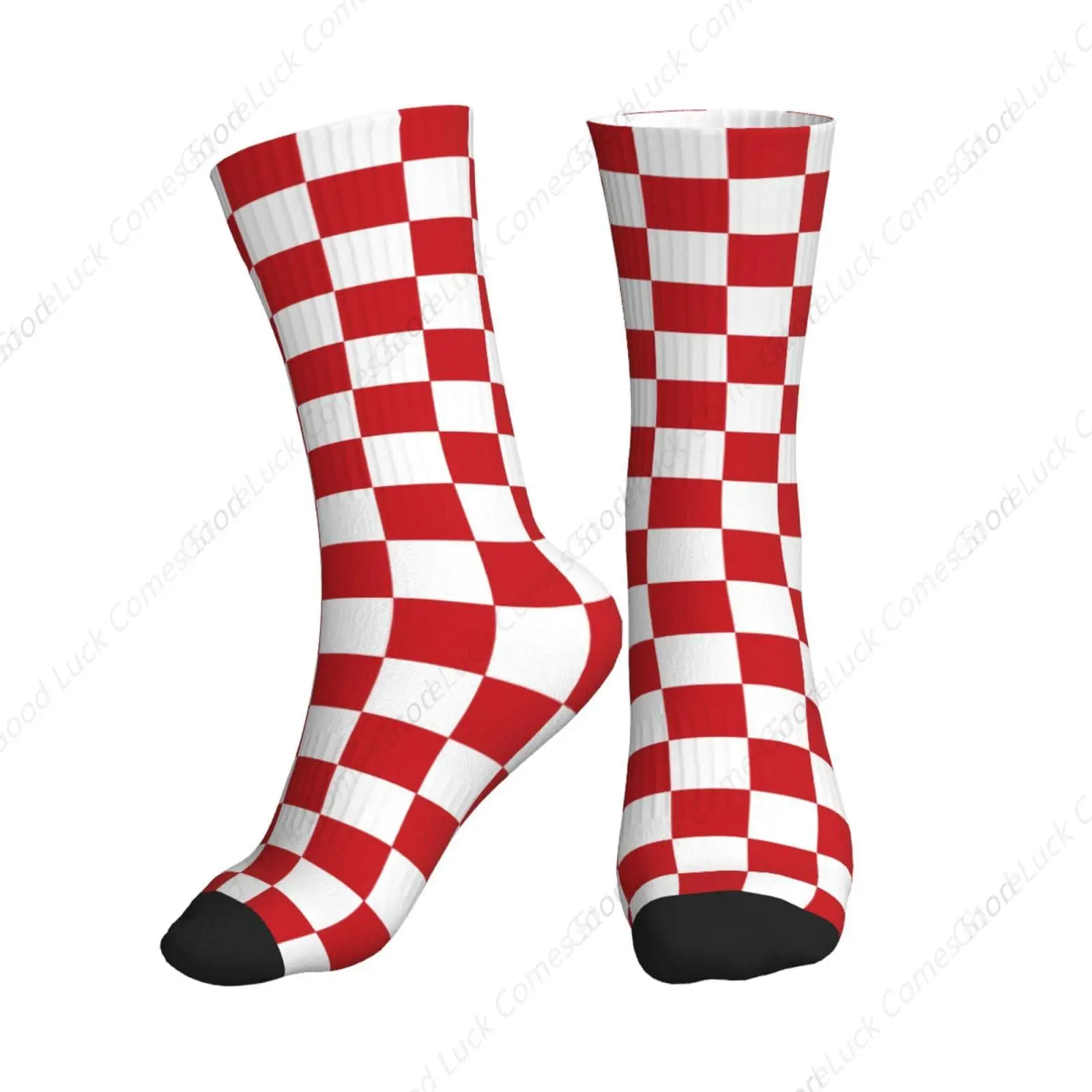 

Red and White Race Checkered Flag 16 Inch Crew Socks Novelty Athletic Sock for Women Men