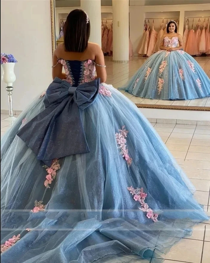 Angelsbridep ชุดเดรสหรูหราหรูหราพร้อมโบว์ดอกไม้เปิดไหล่ vestidos de 15 anos ชุดวันเกิดปาร์ตี้พรหม3D