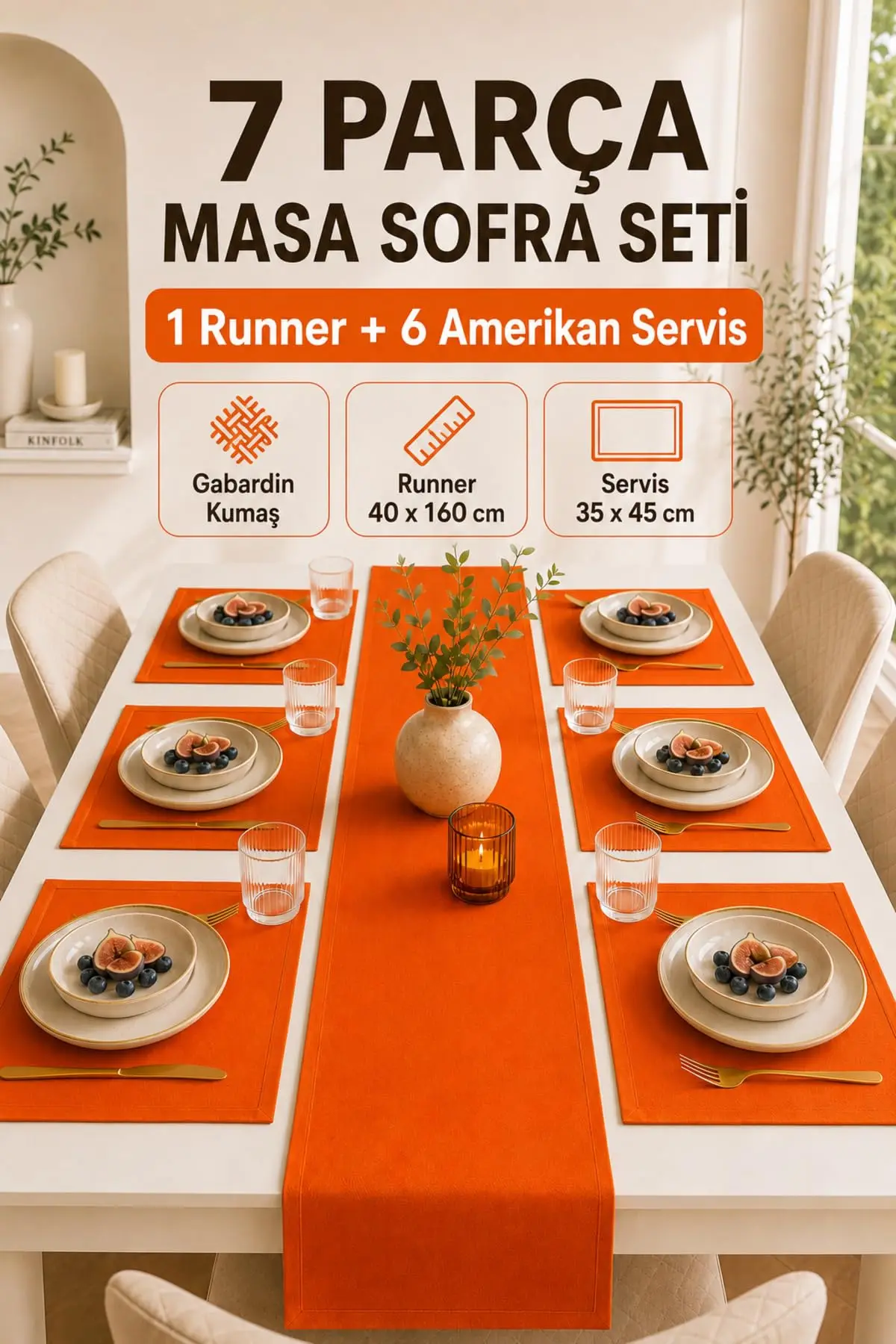 Morlay 7-Piece Table Setting Set Orange Gabardine Fabric Runner 16x63 in & 6 Placemats 14x18 in for Dining Kitchen