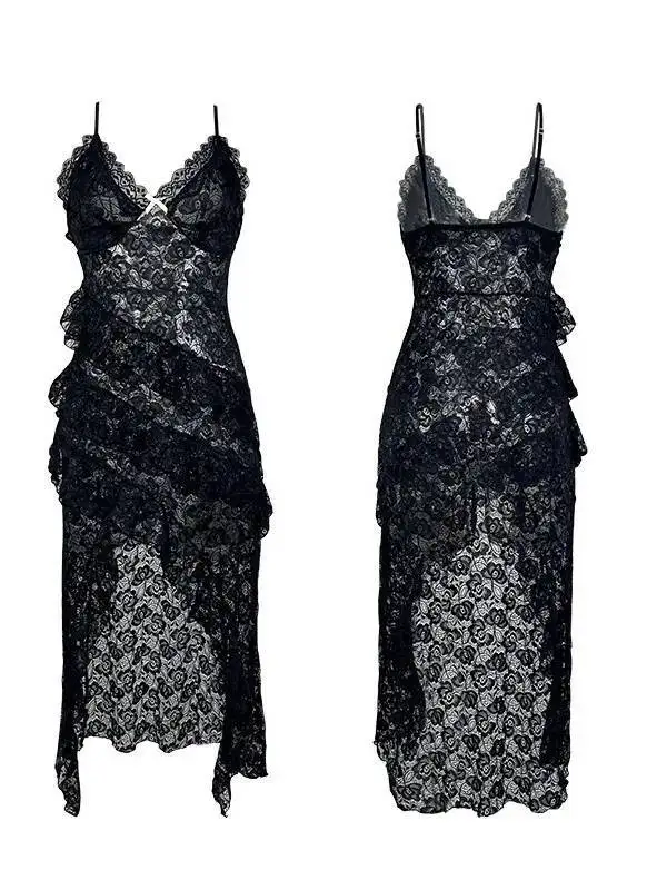 Sukienka w stylu wróżki z koronką, głęboki dekolt w serek, uwodzicielska, dopasowana, elegancka, na cienkich ramiączkach, seksowna, prześwitująca, z falbankami, z nadrukiem, koszula nocna, jednolity kolor, urok N9OS