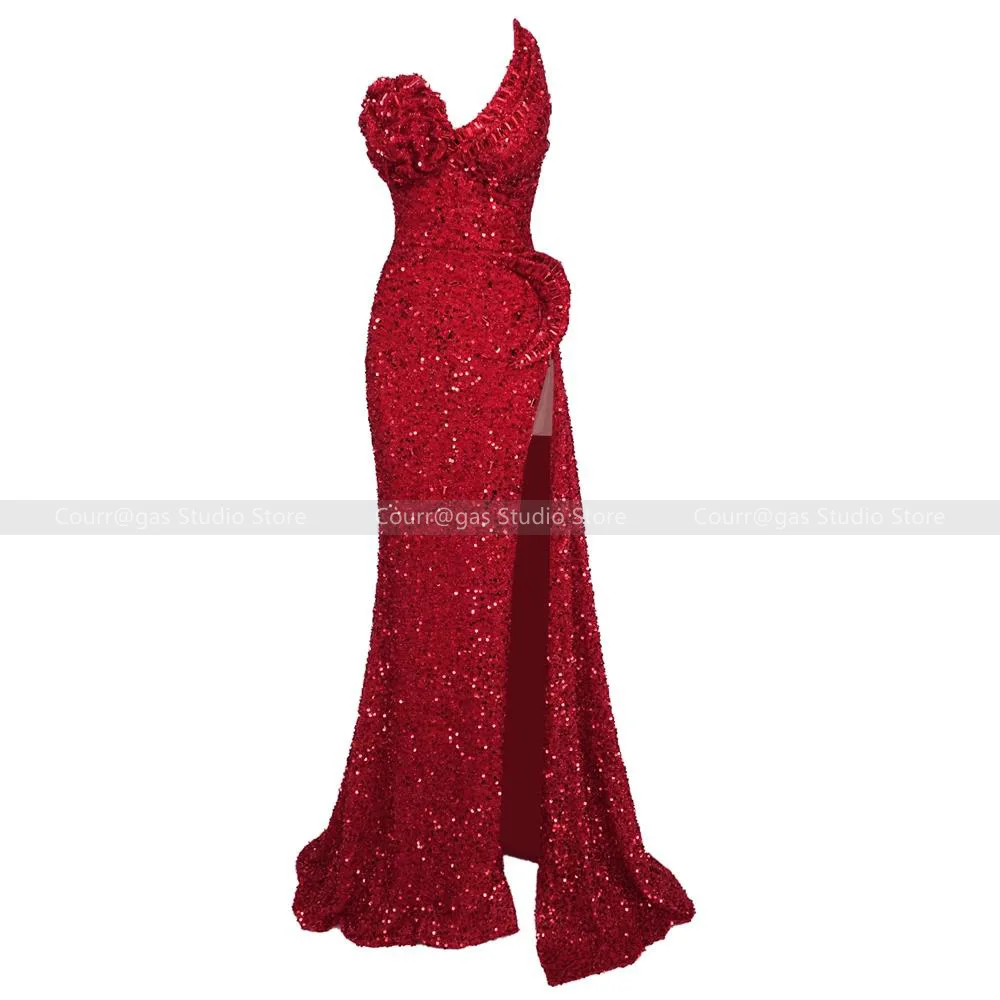 Europe and the United States wind red breasted sequins open fork evening dress female temperament dinner toast long skirt